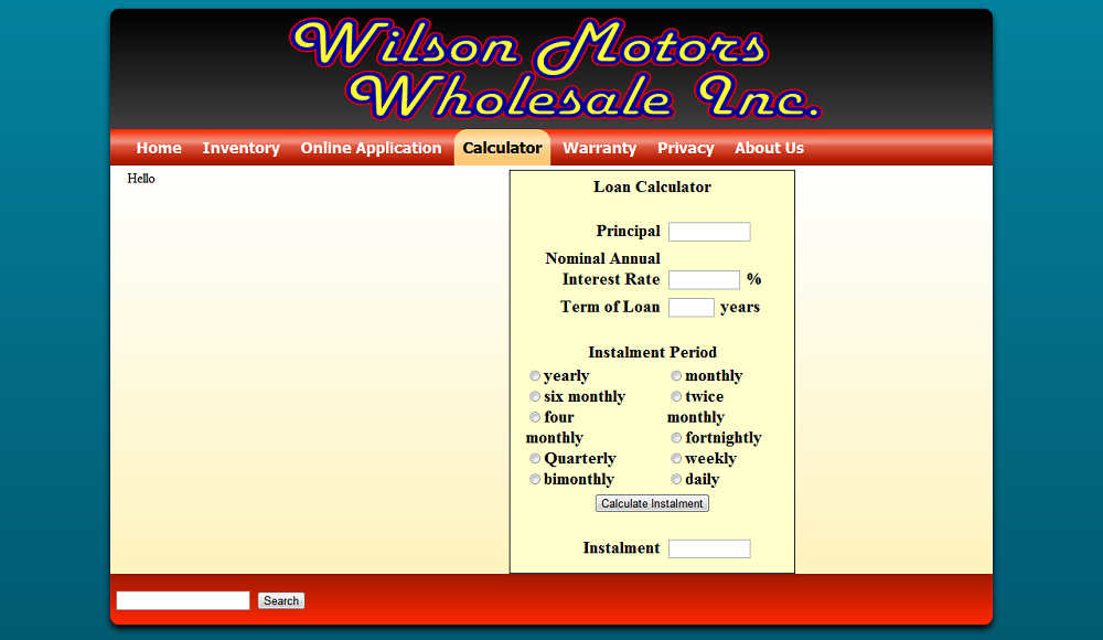 Wilson Motors Loan Calculator Page